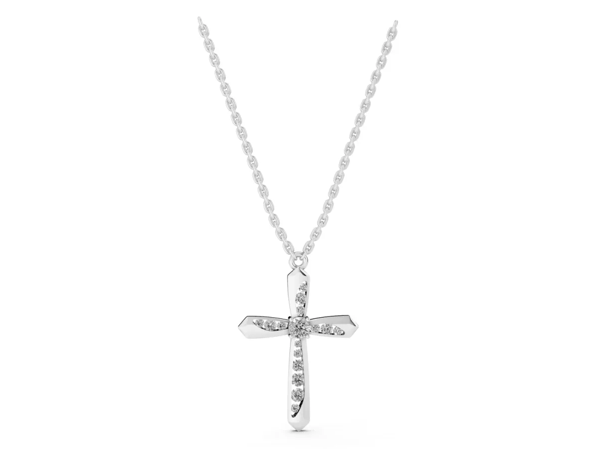Gold Cross Pendant with Round Cut Stones and Prong Setting Silver