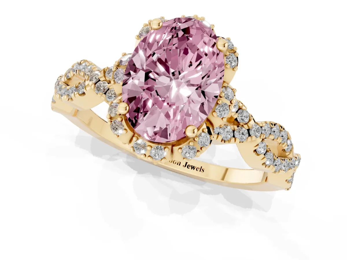 Fancy Pink Oval Cut Halo Twist Band Solitaire Ring with Six-Prong Setting Yellow gold