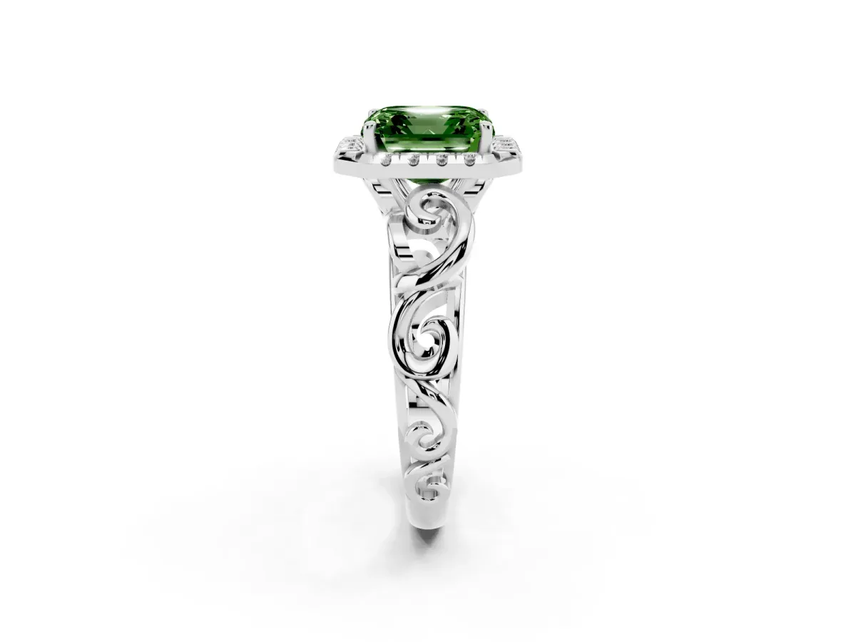 Fancy Green Asscher Cut Cut Halo Diamond Ring with Scrollwork Band and Four-Prong Setting Silver