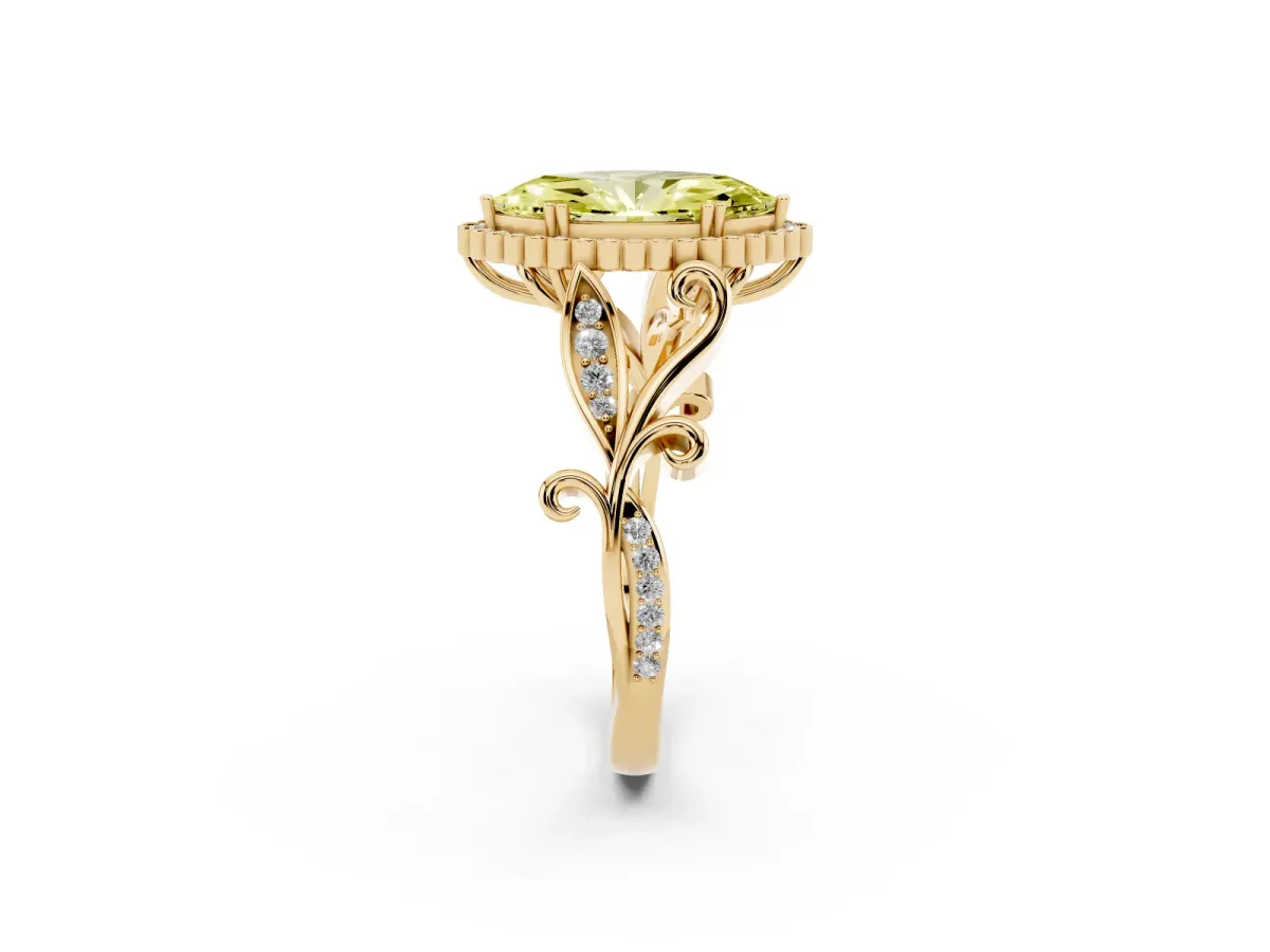 Fancy Yellow Marquise Cut Diamond Halo Ring with Vintage Split Shank and Four-Prong Setting Yellow gold