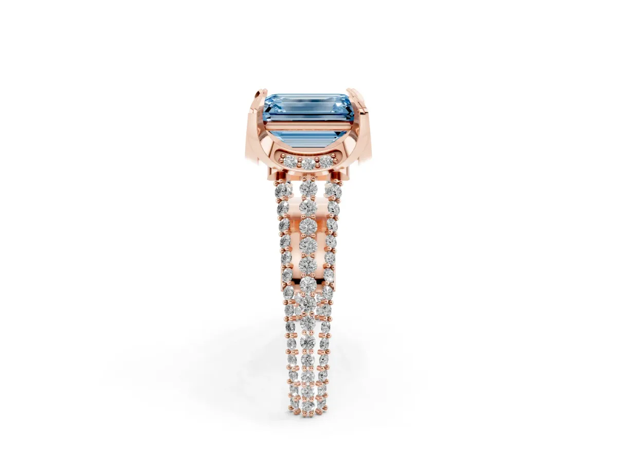 Fancy Blue Emerald Cut Solitaire Pave Split Shank Ring with Four-Prong Setting Rose gold