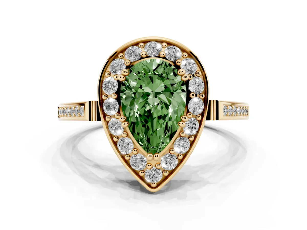 Fancy Green Pear Cut Diamond Halo Ring with Split Shank and Four-Prong Setting Yellow gold