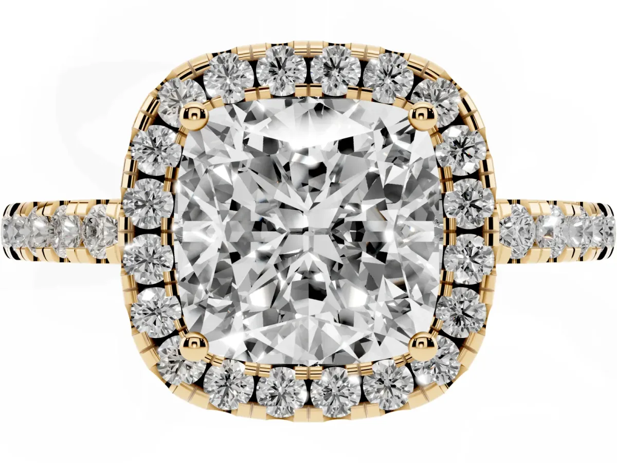 Cushion Cut Halo Diamond Engagement Ring with Pavé Band and Four-Prong Setting Yellow gold