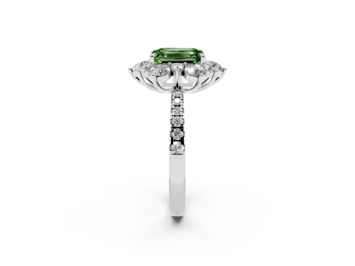 Fancy Green Emerald Cut Diamond Floral Halo Ring with Round Pavé Band and Prong Setting Silver