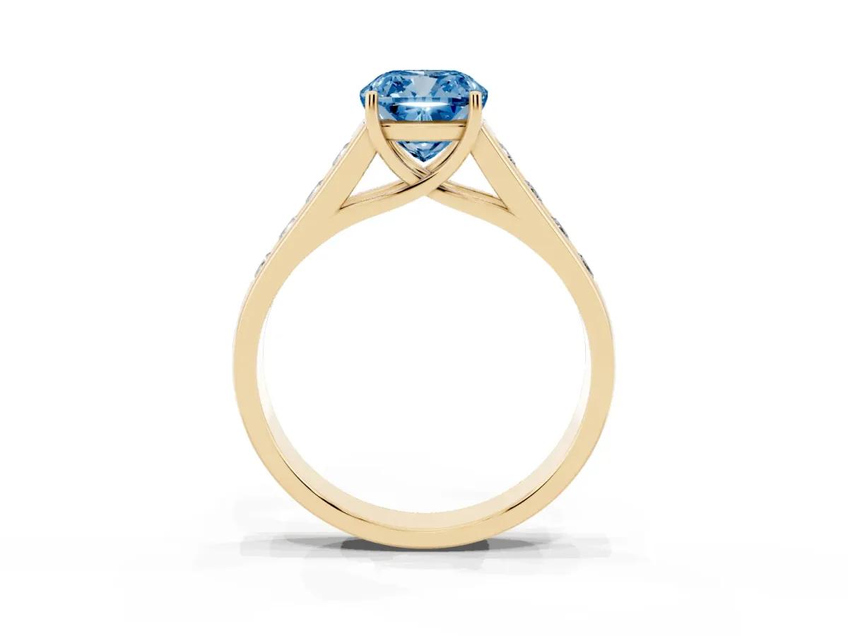 Fancy Blue Cushion Cut Brilliant Channel-Set Solitaire Ring with Four-Prong Setting Yellow gold