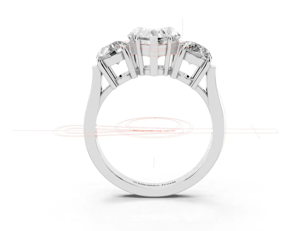Three-Stone Heart Cut Cut Diamond Ring with Round Accent Stones, Prong Setting, and Classic Band Platinum