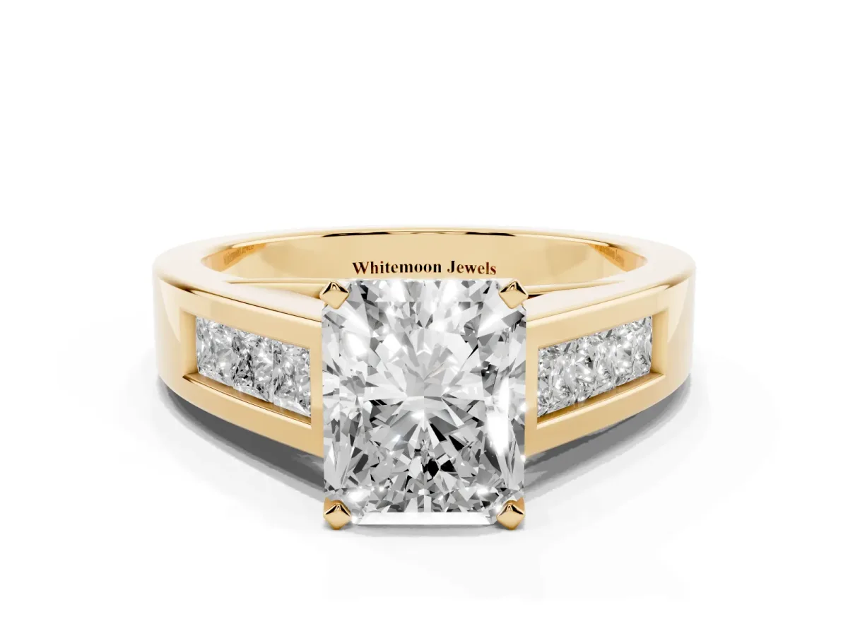 Radiant Cut Cut Channel Set Solitaire Ring with Four-Prong Setting Yellow gold