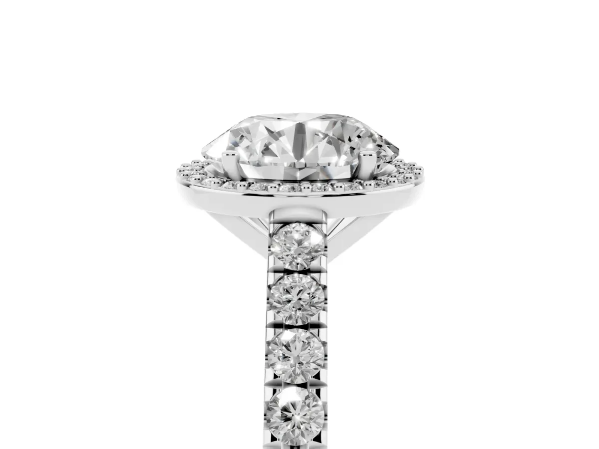 Round Cut Cut Halo Diamond Engagement Ring with Pave Band and Four-Prong Setting White gold