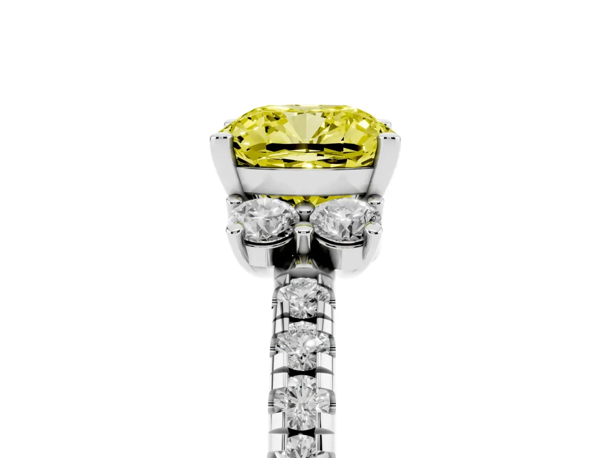 Fancy Yellow Cushion Cut Diamond Three-Stone Pave Band with Four-Prong Setting Silver
