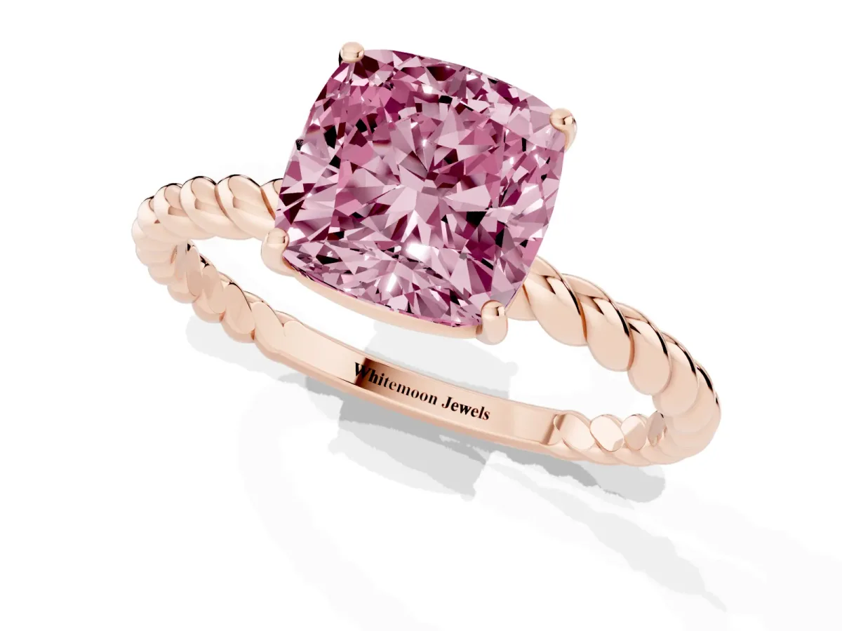 Fancy Pink Cushion Cut Solitaire Twisted Band 4-Prong Ring Rose gold
