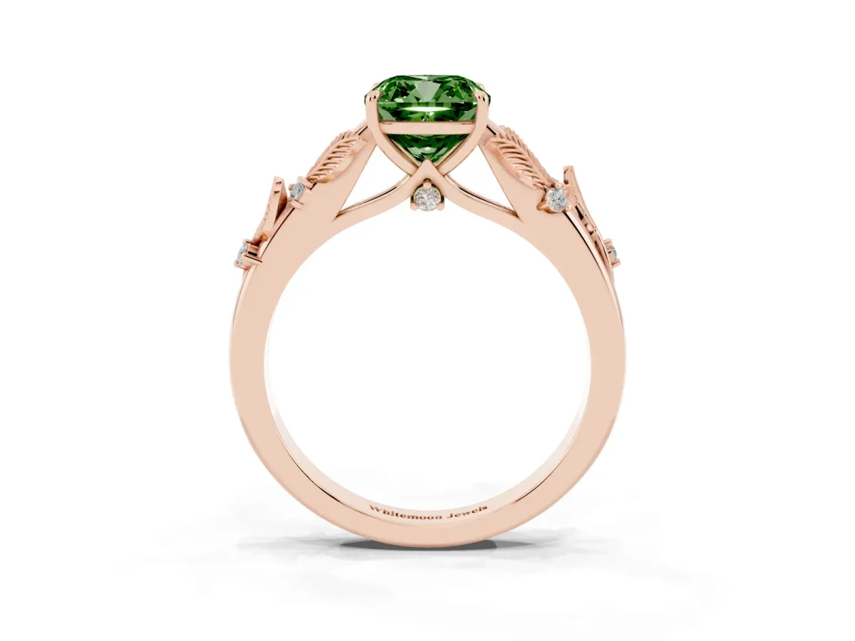 Fancy Green Cushion Cut Diamond Solitaire Ring with Leaf Motif Band and Four-Prong Setting Rose gold