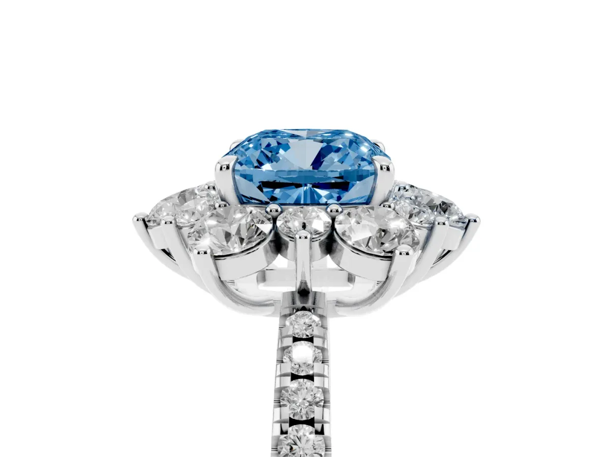 Fancy Blue Cushion Cut Diamond Floral Halo Ring with Round Pavé Band and Prong Setting Silver
