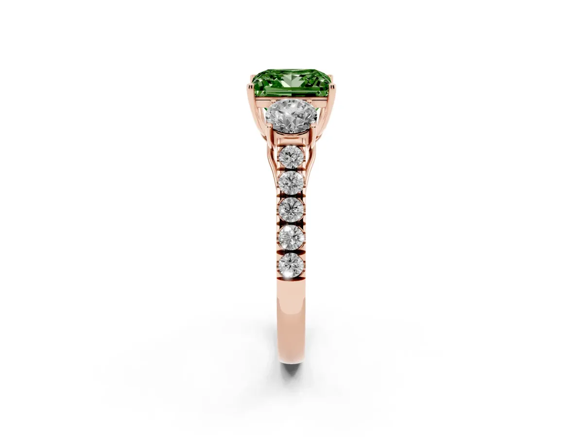 Fancy Green Princess Cut Cut Diamond Three-Stone Ring with Round Side Stones and Pavé Band Rose gold