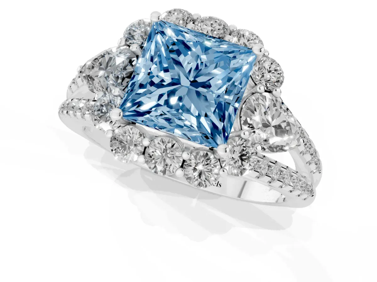 Fancy Blue Princess Cut Halo Split Shank Diamond Engagement Ring with Prong Setting Silver