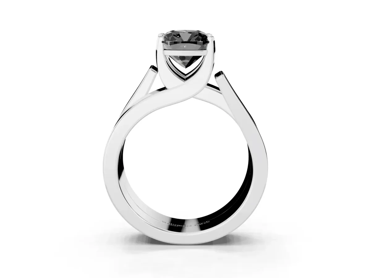 Fancy Black Modern Tension Set Cushion Cut Diamond Solitaire Wide Band Ring Silver