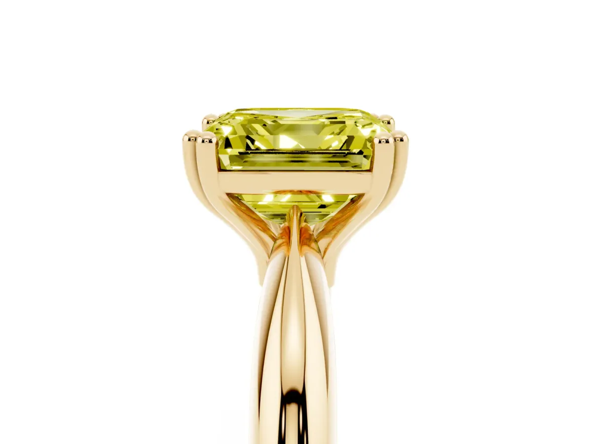 Fancy Yellow Asscher Cut Cut Solitaire Engagement Ring with Tapered Band and Four-Prong Setting Yellow gold