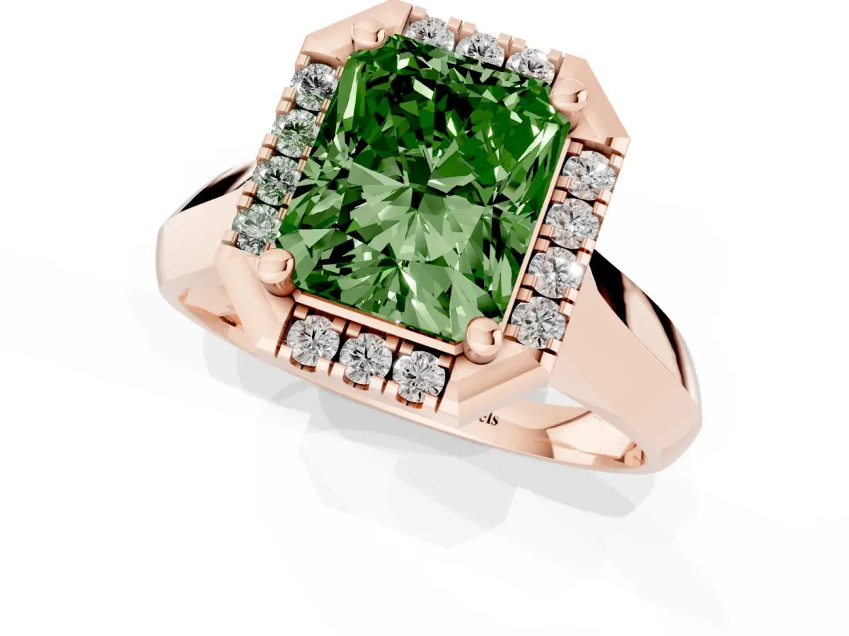 Fancy Green Radiant Cut Cut Halo Solitaire Engagement Ring with Square Band and Four-Prong Setting Rose gold