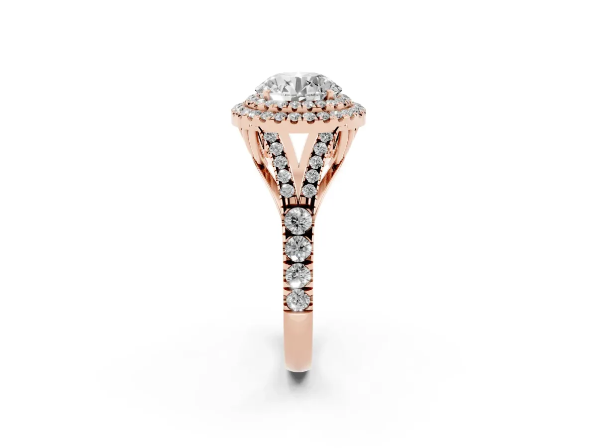 Round Cut Diamond Double Halo Ring with Split Shank and Prong Setting Rose gold