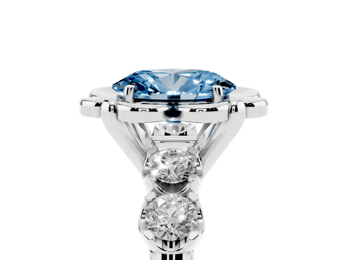 Fancy Blue Oval Cut Cut Diamond Floral Halo Engagement Ring with Shared Prong Setting Platinum