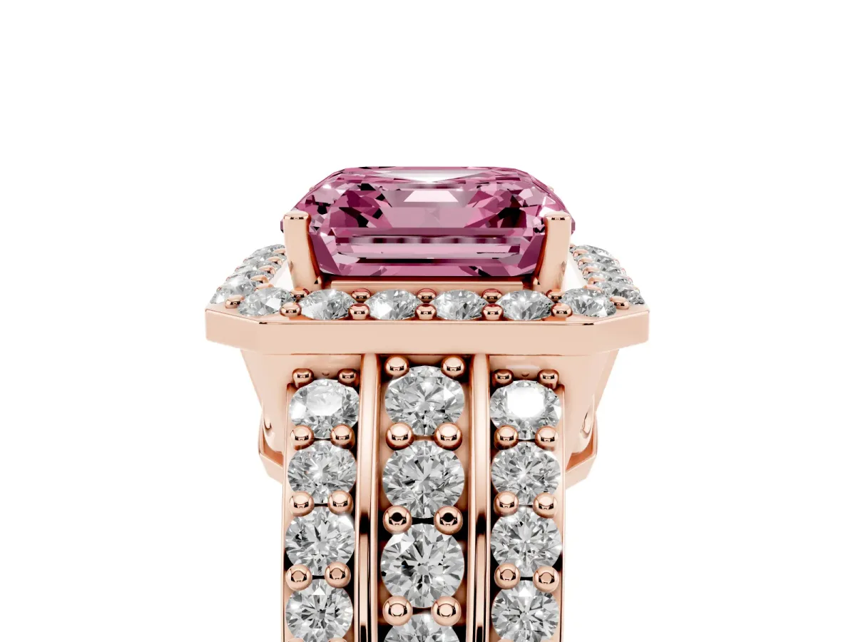 Fancy Pink Asscher Cut Halo Diamond Ring with Round Split Shank and Prong Setting Rose gold