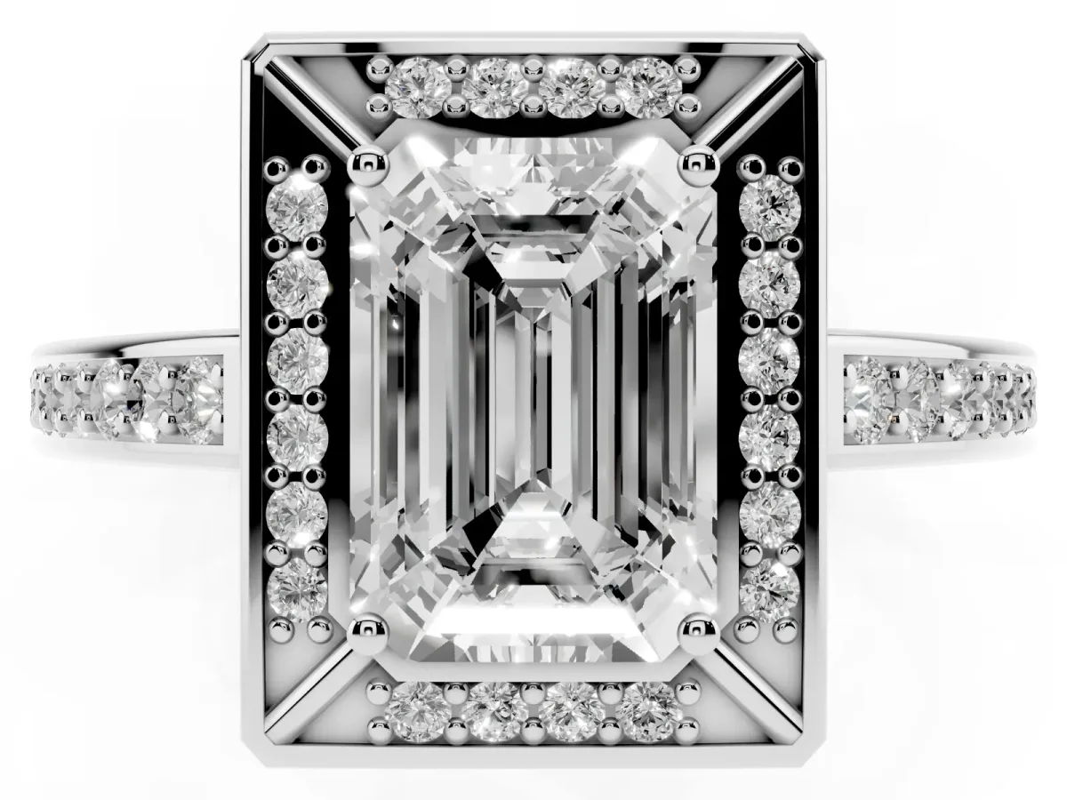 Emerald Cut Cut Halo Pave Split Shank Prong Setting Ring Silver