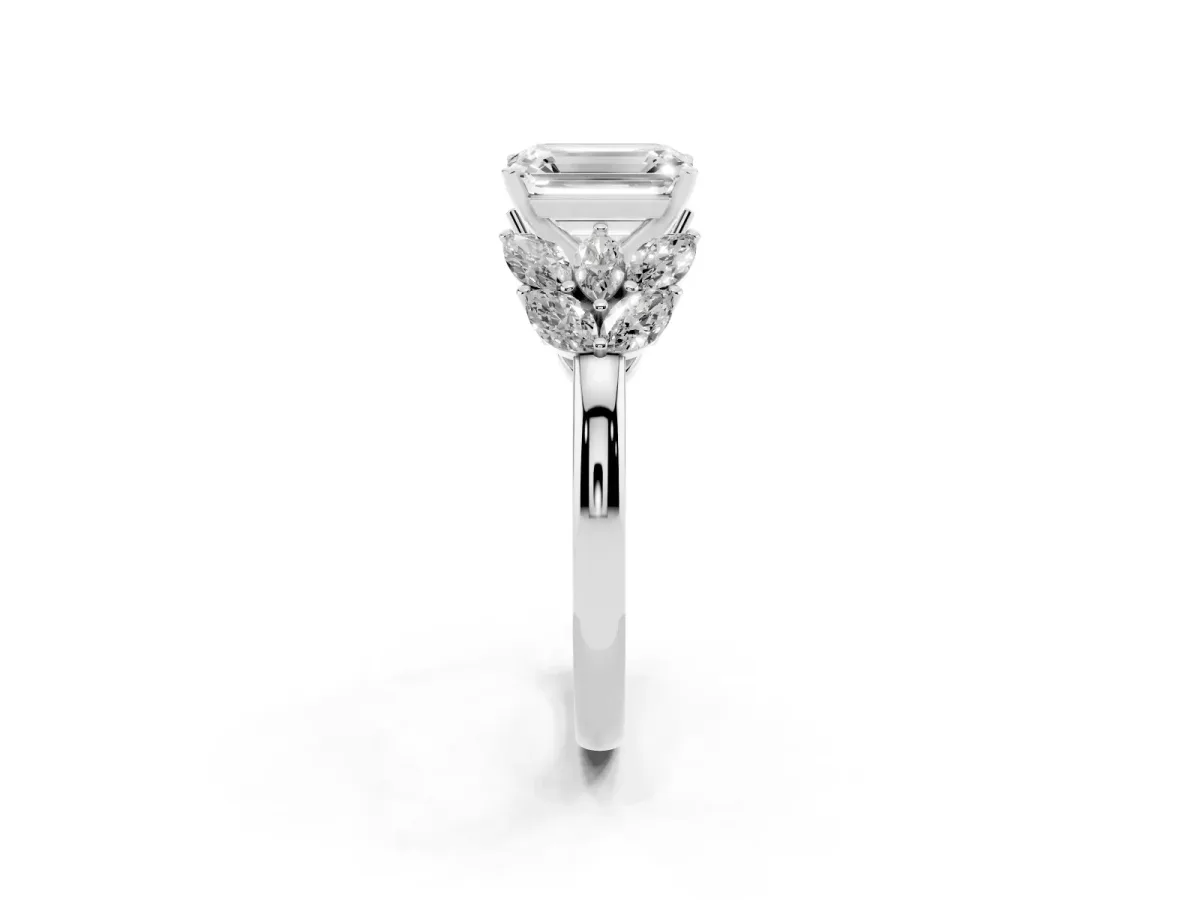 Emerald Cut Diamond Cluster Leaf Design Ring with Prong Setting White gold
