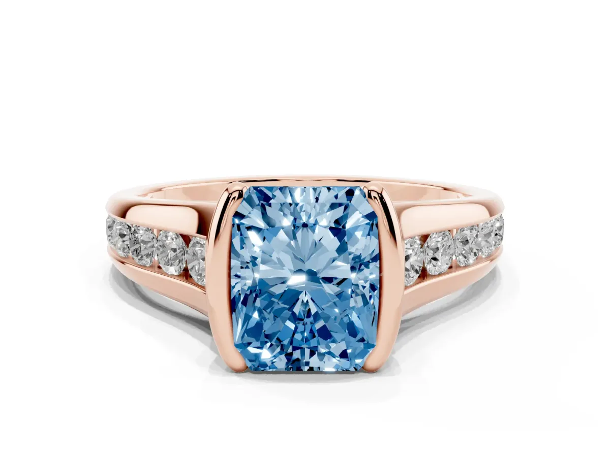 Fancy Blue Radiant Cut Solitaire Bezel-Set Diamond Ring with Channel-Set Band Rose gold