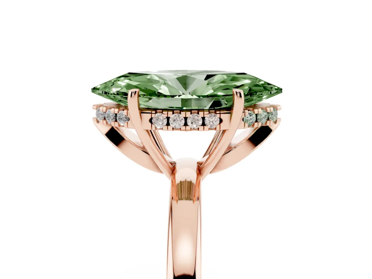 Fancy Green Marquise Cut Solitaire Diamond Ring with Prong Setting and Plain Band Rose gold