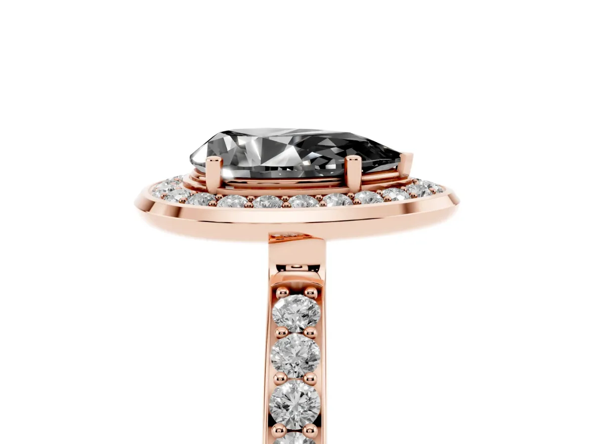 Fancy Black Pear Cut Diamond Halo Ring with Bezel Frame and Pavé Band Rose gold
