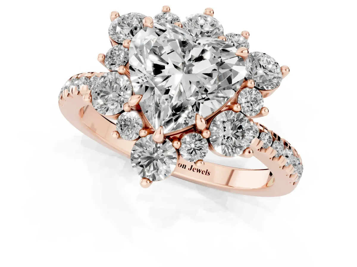 Heart Cut Diamond Floral Halo Ring with Round Pavé Band and Prong Setting Rose gold