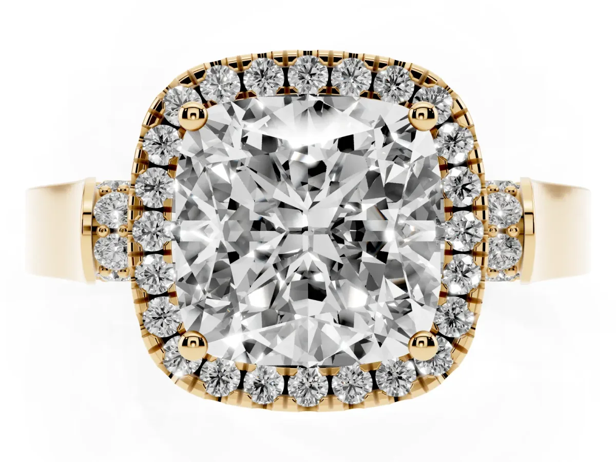 Cushion Cut Halo Pave Split Shank Prong Setting Ring Yellow gold