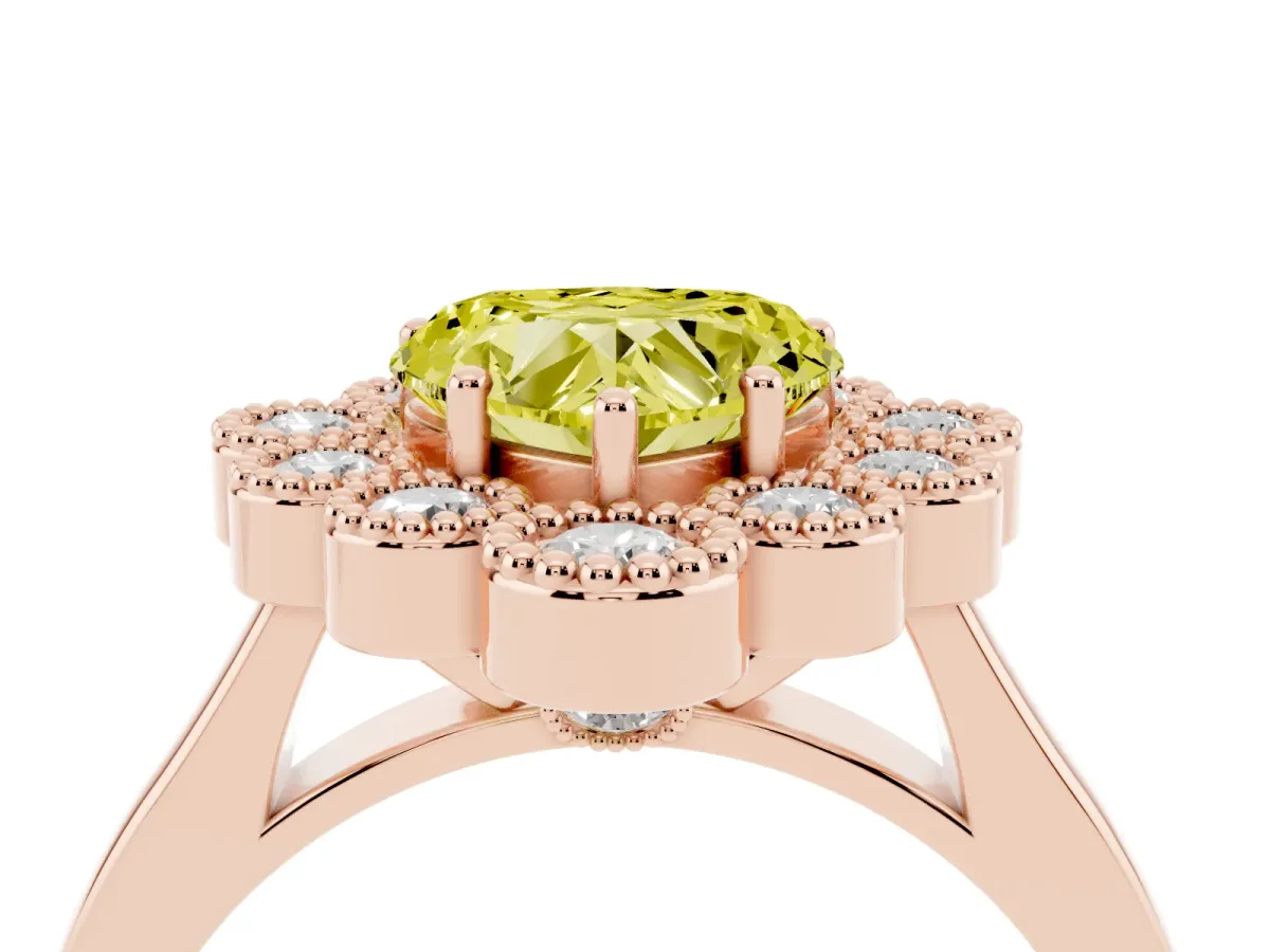 Fancy Yellow Heart Cut Halo Diamond Cluster Engagement Ring with Milgrain Bezel Setting and Solitaire Band Rose gold