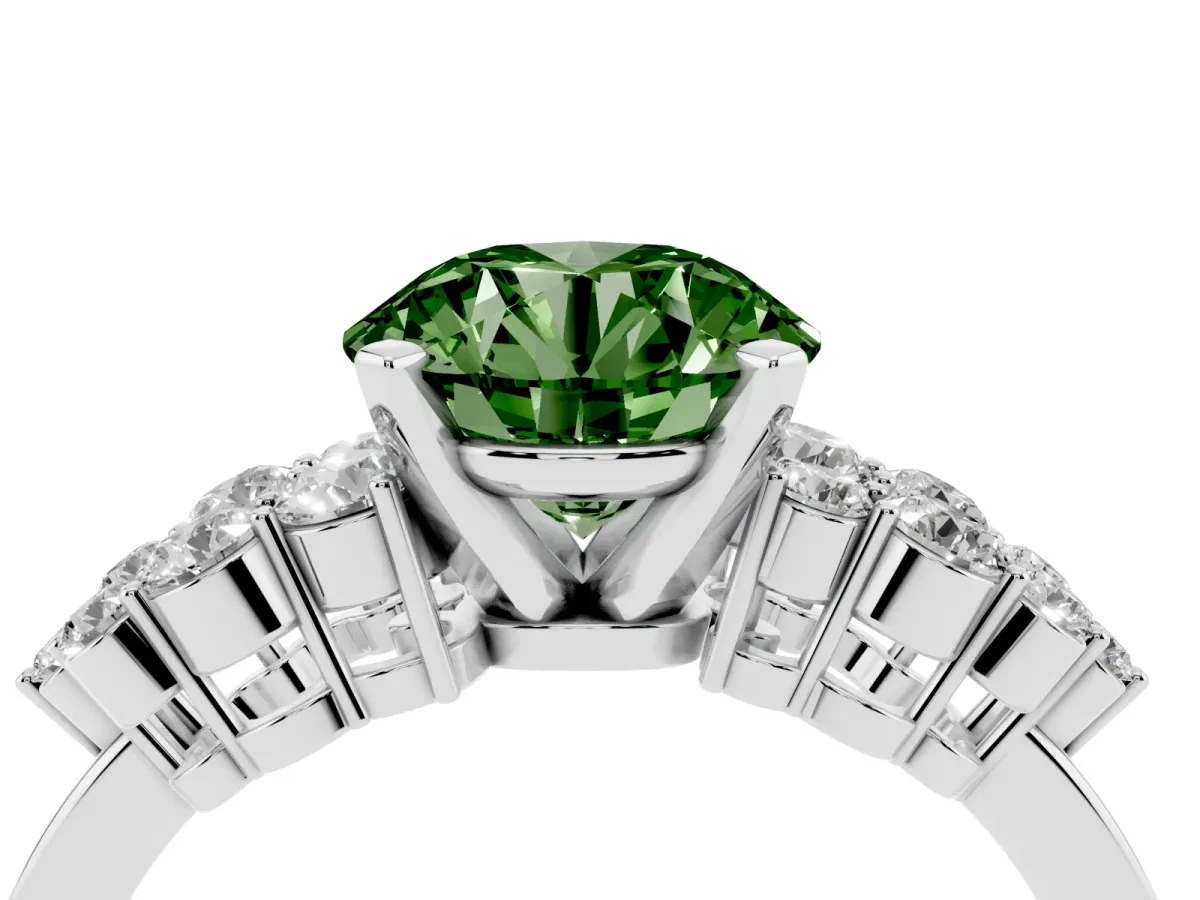 Fancy Green Round Cut Cluster Diamond Engagement Ring with Pavé Band and Four-Prong Setting Silver