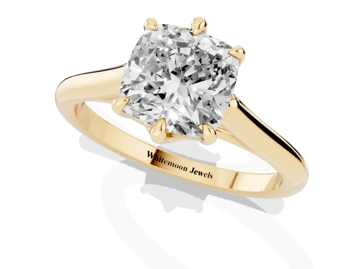 Cushion Cut Solitaire Engagement Ring with Six-Prong Setting and Classic Band Yellow gold