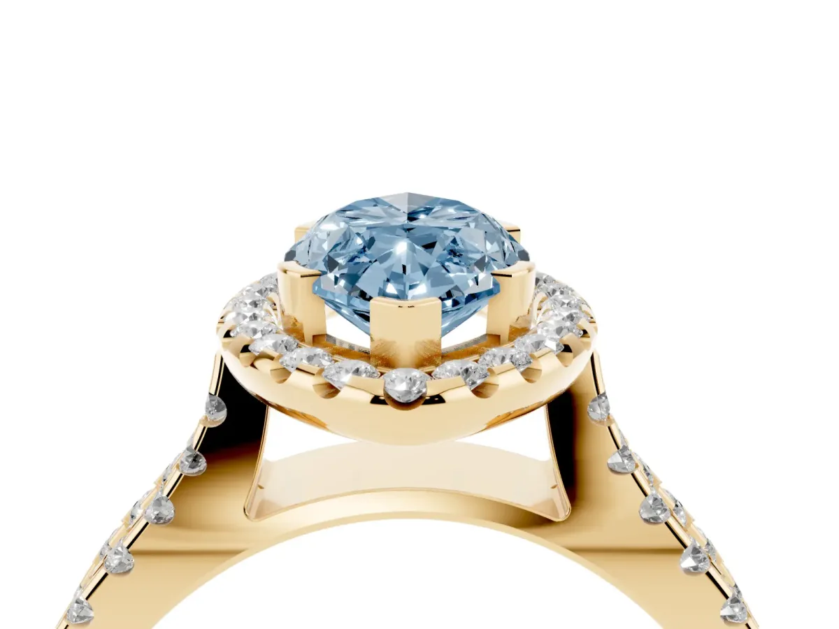 Fancy Blue Marquise Cut Diamond Halo Ring with Split Shank Pavé Band and Prong Setting Yellow gold