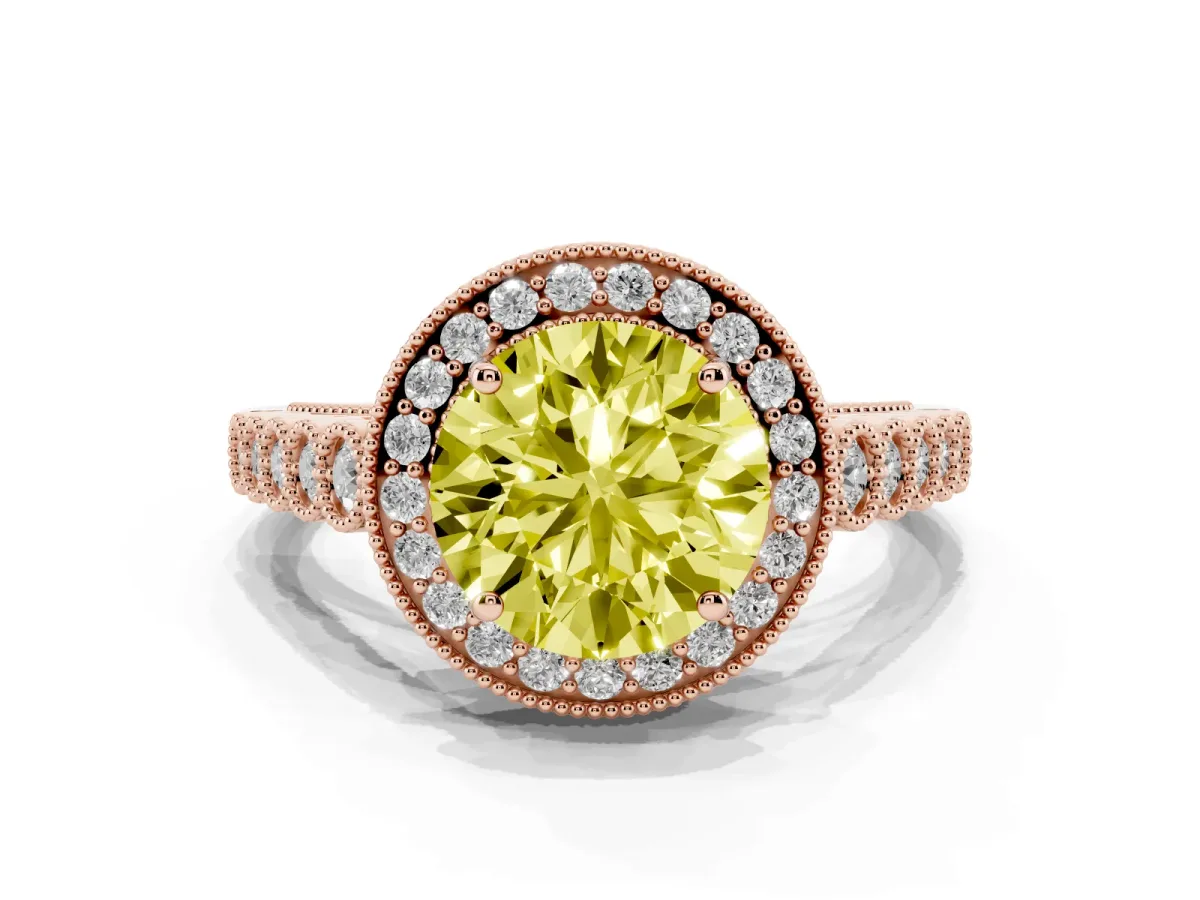 Fancy Yellow Round Cut Halo Milgrain Solitaire with Bezel Set Side Stones and Pave Band Rose gold