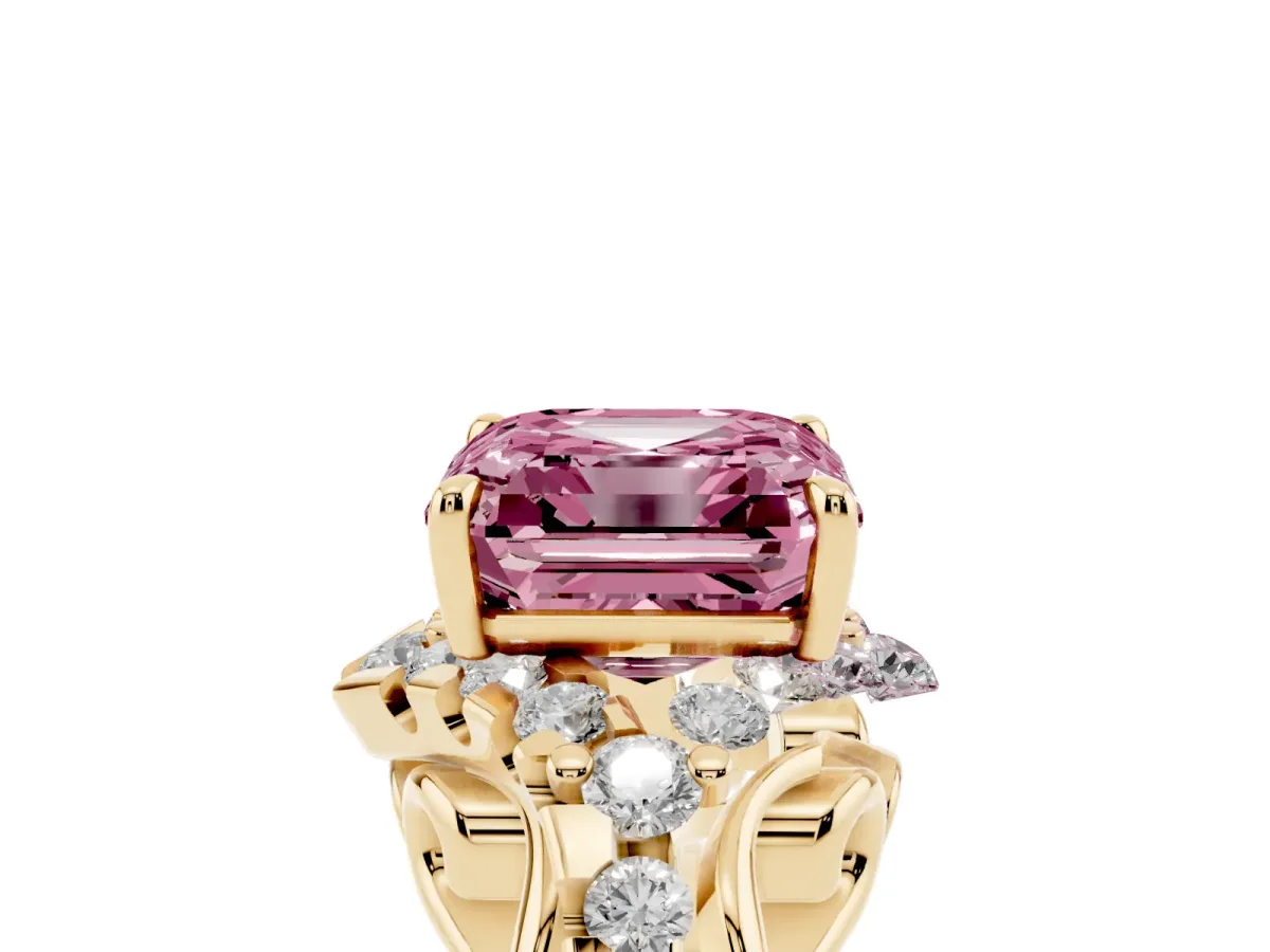 Fancy Pink Asscher Cut Diamond Solitaire Ring with Hidden Halo and Pavé Band Yellow gold