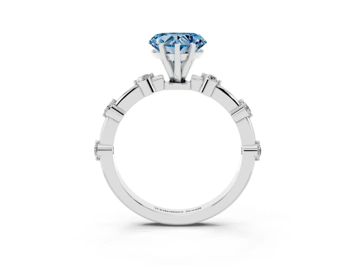 Fancy Blue Heart Cut Solitaire Diamond Ring with Bezel Set Side Stones and Prong Setting Silver