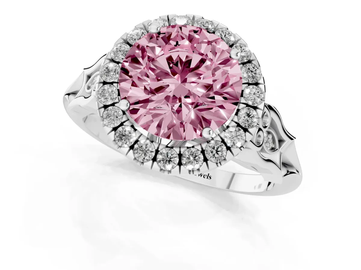 Fancy Pink Round Cut Halo Diamond Engagement Ring with Filigree Band and Four-Prong Setting Silver