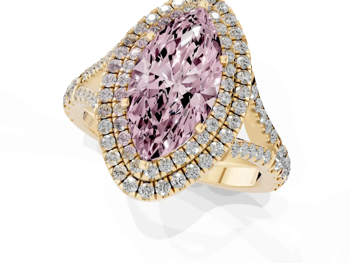 Fancy Pink Marquise Cut Cut Double Halo Split Shank Diamond Ring with Prong Setting Yellow gold