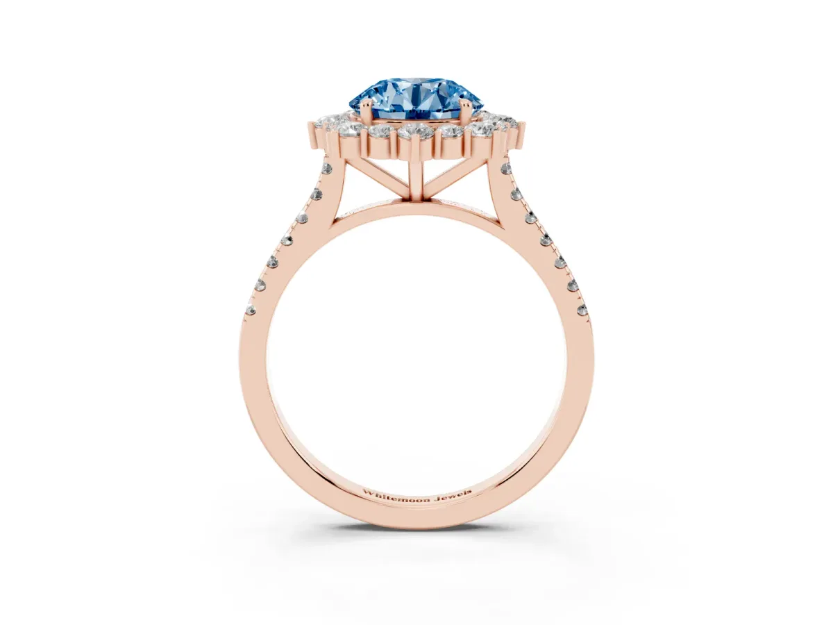 Fancy Blue Round Cut Halo Diamond Ring with Pavé Band and Prong Setting Rose gold
