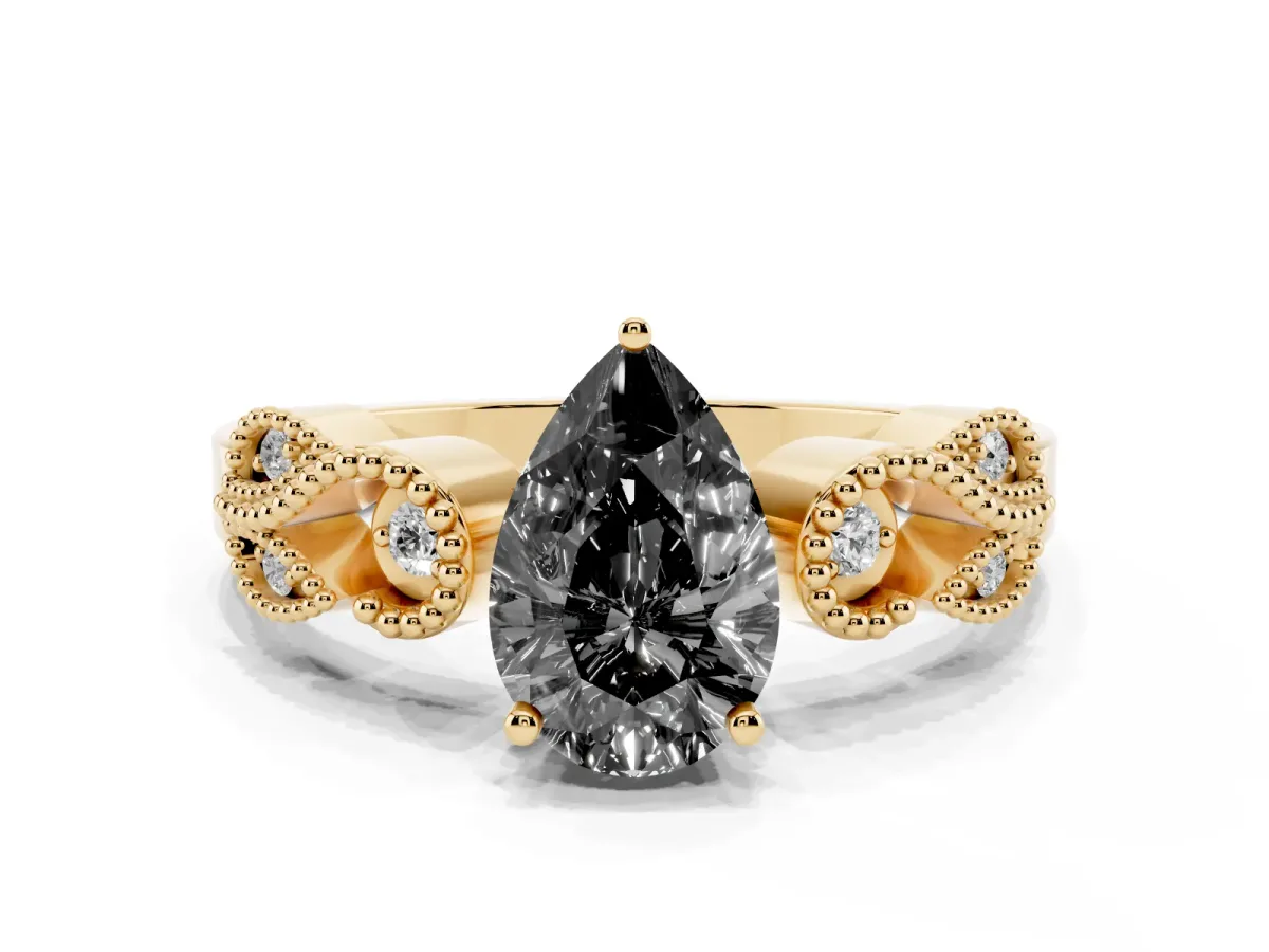 Fancy Black Pear Cut Solitaire Milgrain Leaf Band with Prong Setting Yellow gold