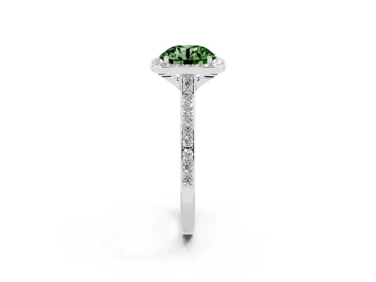Fancy Green Round Cut Diamond Halo Engagement Ring with Round Pavé Shoulders and Prong Setting Silver