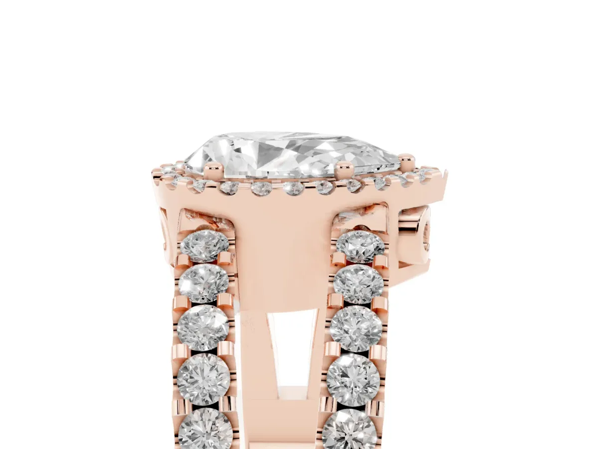 Pear Cut Cut Halo Split Shank Diamond Ring with Four-Prong Setting Rose gold