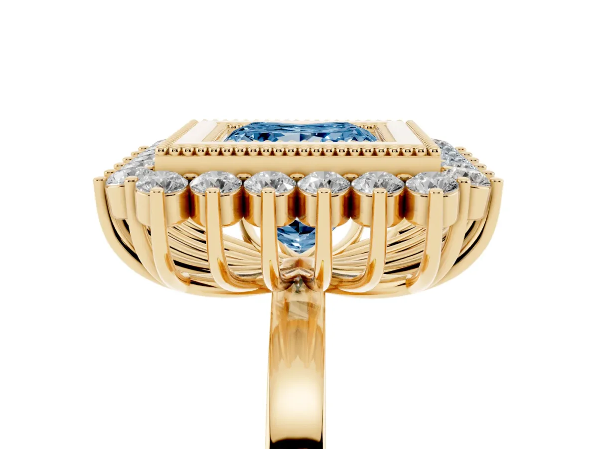 Fancy Blue Princess Cut Halo Diamond Ring with Milgrain Edge and Round Prong Setting Yellow gold