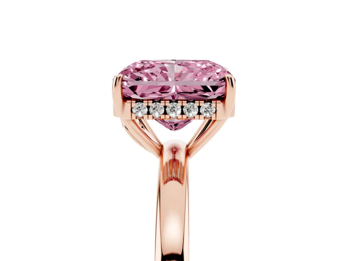 Fancy Pink Radiant Cut Solitaire Diamond Ring with Prong Setting and Plain Band Rose gold