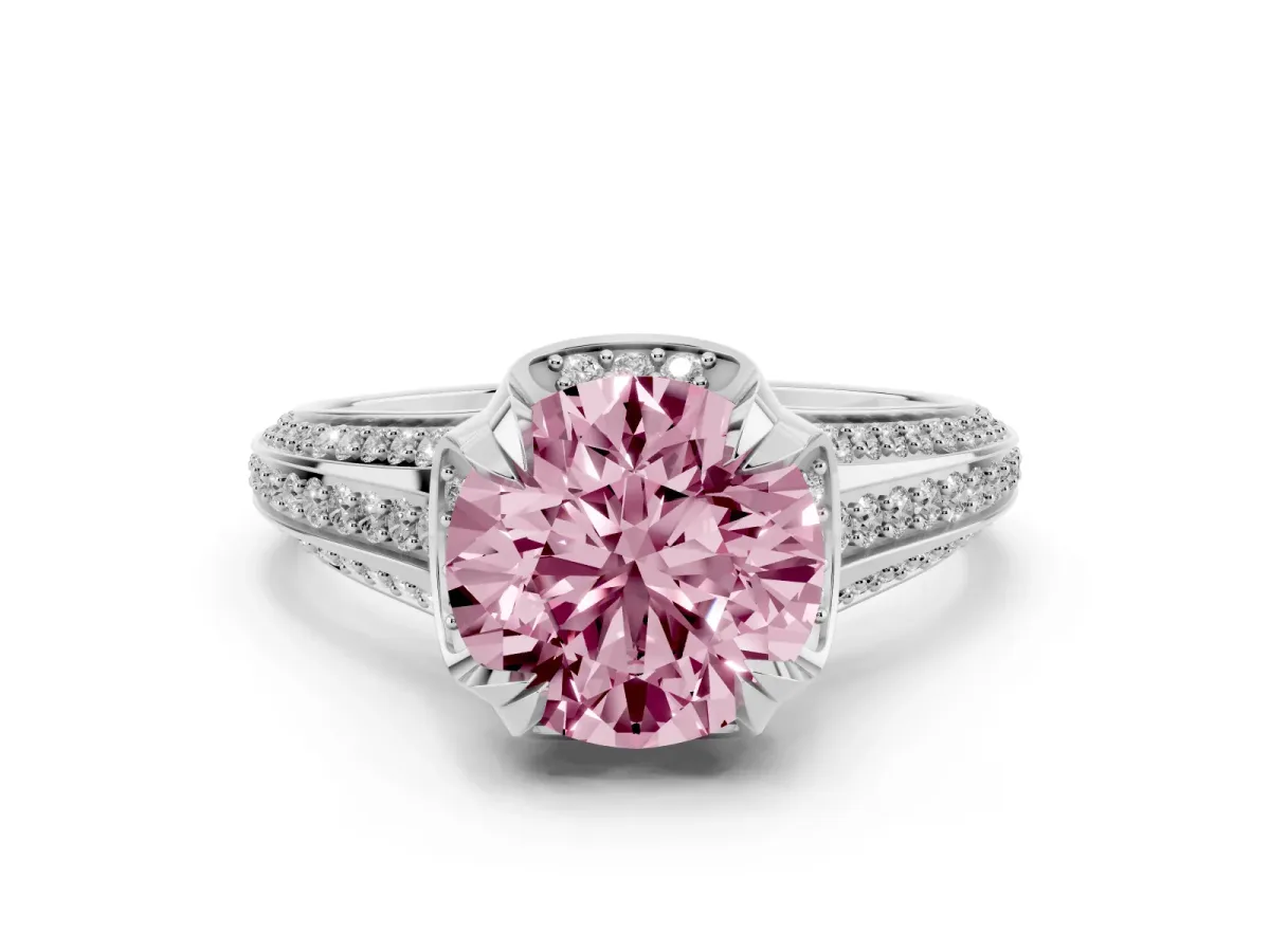 Fancy Pink Round Cut Solitaire Pave Split Shank Ring with Four-Prong Setting Platinum
