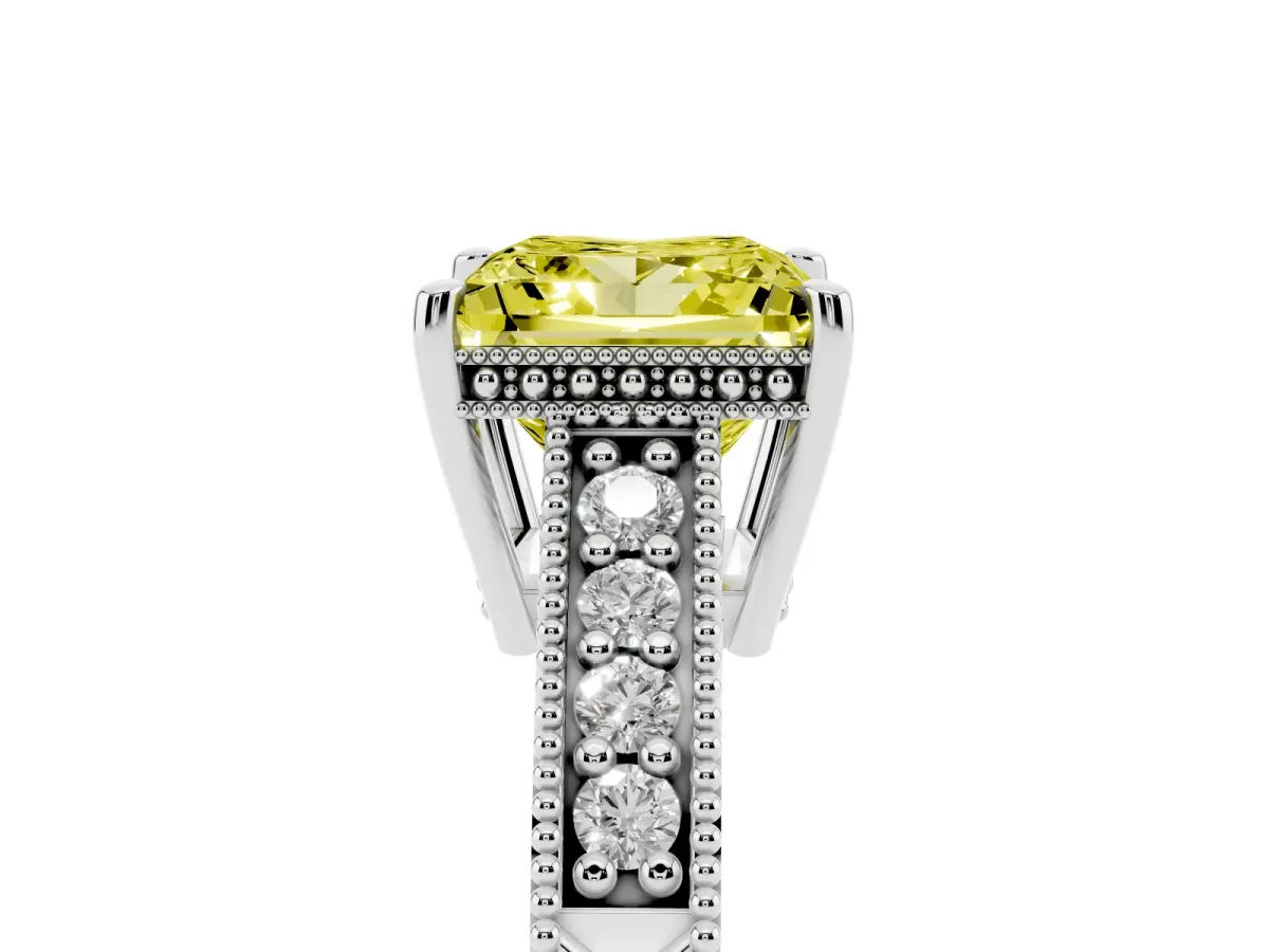 Fancy Yellow Princess Cut Solitaire Pavé Diamond Milgrain Engagement Ring with Four-Prong Setting Silver