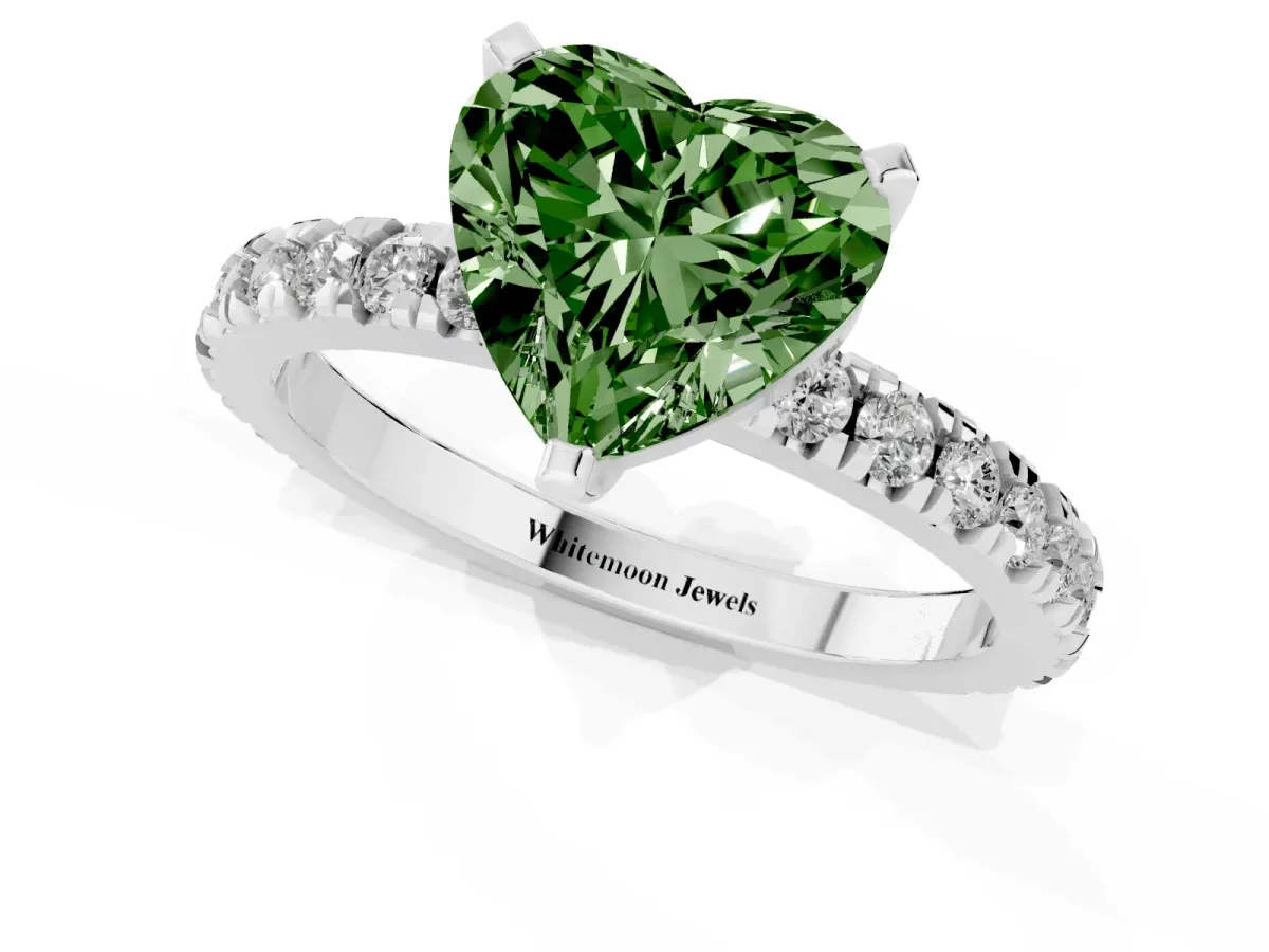 Fancy Green Heart Cut Diamond Pavé Band Solitaire with Four-Prong Setting Silver