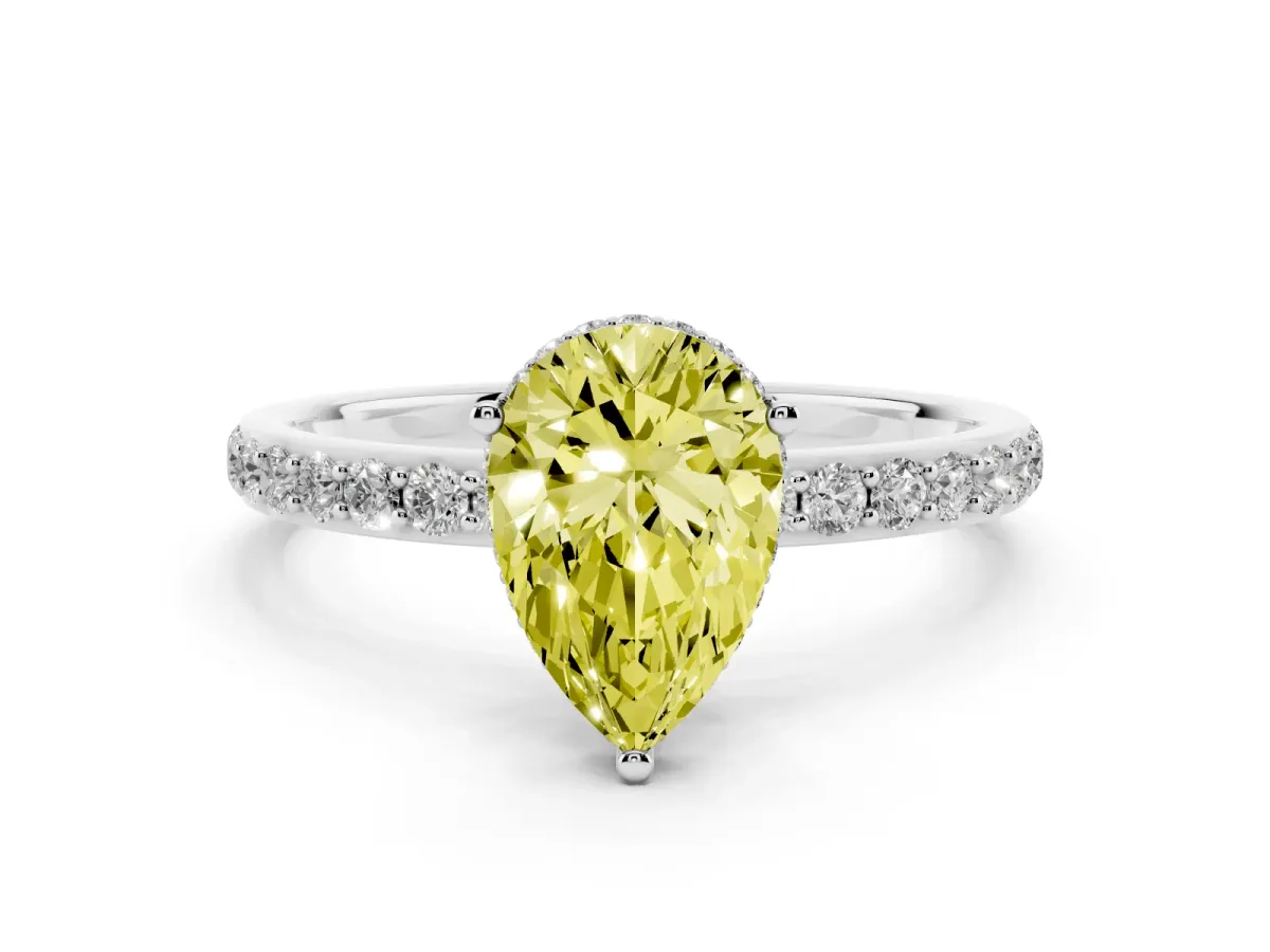 Fancy Yellow Pear Cut Diamond Solitaire Ring with Pavé Band and Hidden Halo Silver